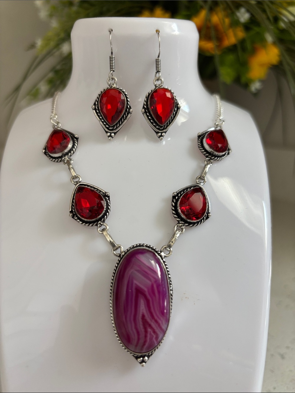 Sterling Silver Botswana Agate & Garnet Necklace & Earring Set